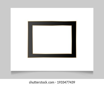 Golden and black shiny glowing frame over white background. Gold metal luxury blank border. Vector illustration template.