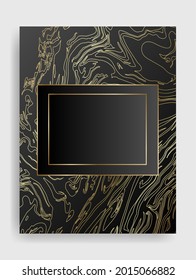 Golden and black shiny glowing frame. Gold paint marble swirls with metal luxury blank rectangle border. Vector background illustration template.