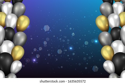 Golden black and silver balloons on shiny blue background, cute concept for elegant  birthday card or sale, luxury abstract backdrop for web and print decoration 