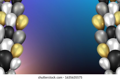 Golden black and silver balloons on shiny blue background, cute concept for elegant  birthday card or sale, luxury abstract backdrop for web and print decoration 