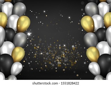 Golden black and silver balloons shiny black background, cute concept for elegant  birthday card or sale, luxury abstract backdrop for web and print decoration 