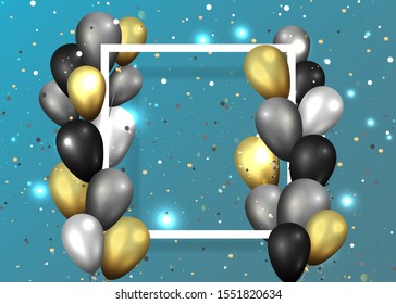 Golden black and silver balloons with white frame on shiny blue background, cute concept for elegant  birthday card or sale, luxury abstract backdrop for web and print decoration 