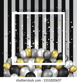 Golden black and silver balloons with white frame on shiny striated black and white surface, cute concept for elegant  birthday card or sale, luxury abstract backdrop for web and print decoration 