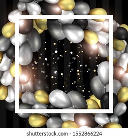 Golden black and silver balloons with white frame on shiny striated  surface, cute concept for elegant  birthday card or sale, luxury abstract backdrop for web and print decoration 