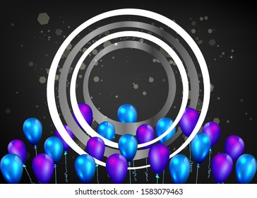 Golden black and silver balloons with white frame on shiny black background, cute concept for elegant  birthday card or sale, luxury abstract backdrop for web and print decoration 
