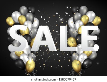 Golden black and silver balloons with white frame on shiny black background, cute concept for elegant  birthday card or sale, luxury abstract backdrop for web and print decoration 