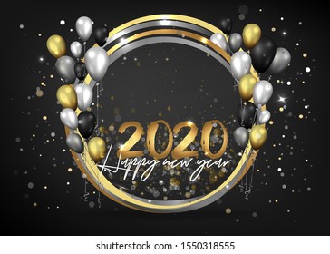 Golden black and silver  elegant happy new year 2020 background with realistic balloons, luxury background for web and print decoration 