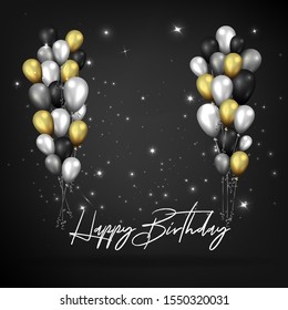 Golden black and silver elegant happy birthday card  with realistic balloons, luxury background for web and print decoration 
