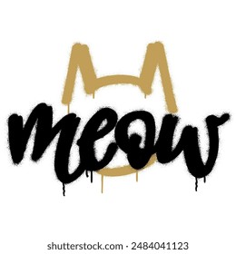 Golden and black spray graffiti hand written calligraphic word MEOW and cat head silhouette over white.