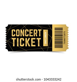 Golden, black vector live, music, dance concert, festival ticket template, gold, black realistic 3d design isolated on white background. Ticket for entrance to event. Icon for web, app.