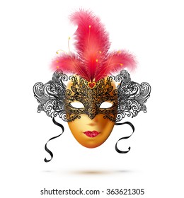 Golden and black vector ornate carnival mask with bright red glitter and feathers