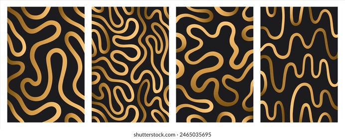 Conjunto de fondos de texto de Vector dorado y negro. Líneas retorcidas doradas, fluido, curvo, rayas onduladas, ondas. Líquidos adornos brillantes, colección de patrones de lujo groovy. Doodle, líneas onduladas irregulares.