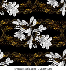 Golden black, white and brown floral ornament in baroque style. Golden element on black, white and brown colors. Antique golden repeatable wallpaper. Damask seamless pattern repeating background.
