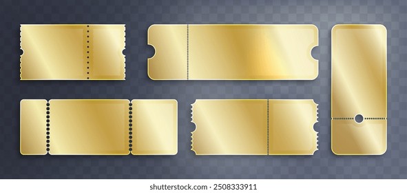 Golden blank coupon or entrance ticket. Realistic 3d vector illustration set of luxury gold paper badge template for concert event or cinema pass admission. Circus entry receipt or discount tag.