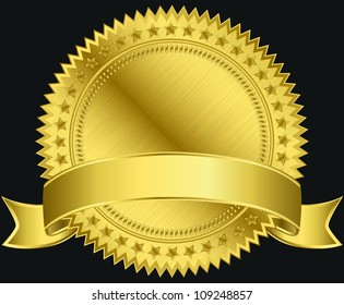 Golden blank label with golden ribbon, vector illustration
