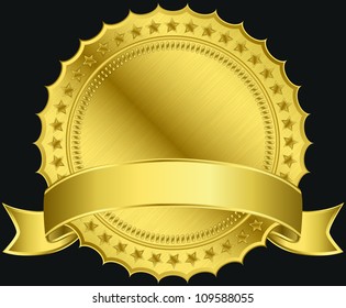 Golden blank label with golden ribbon, vector illustration