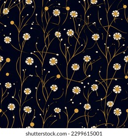 Golden blooms and White Floral Klimt Style Seamless Pattern in Navy Blue Background
