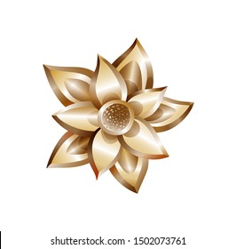 Golden blossom of lotus, metallic shiny floral object isolated on white background, vector