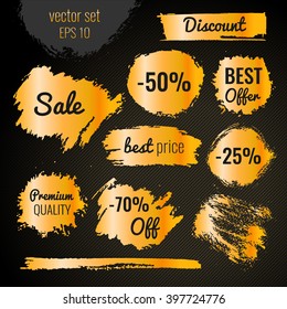 Golden blots, stains to label, discount, best price. Vector set illustration in grunge style EPS10