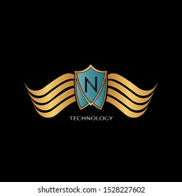 Golden Blue Abstract Shield on Wing letter N  logo icon design concept for technology business or more brand identity.