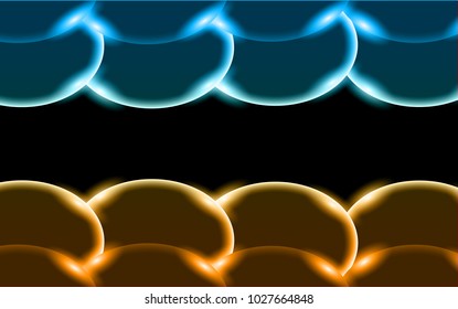 Golden and blue abstract shiny beautiful and convex surround circles, stones, bubbles, eggs located above and below on a black background and place for a simple text. Vector illustration
