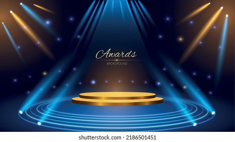 Golden Blue Background Of The Award. Decorative invitation to the Anniversary party. A stage platform with a spotlight. Wedding Entertainment Hollywood Bollywood Night. Elegant Luxury Staircase Floor.