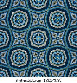 Golden and blue background. Luxury oriental seamless pattern. Elegant weave ornament. Abstract islamic flower vector. Arabic floral motif.
