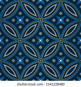Golden and blue background. Luxury oriental seamless pattern. Elegant weave ornament. Abstract islamic flower vector. Arabic floral motif.