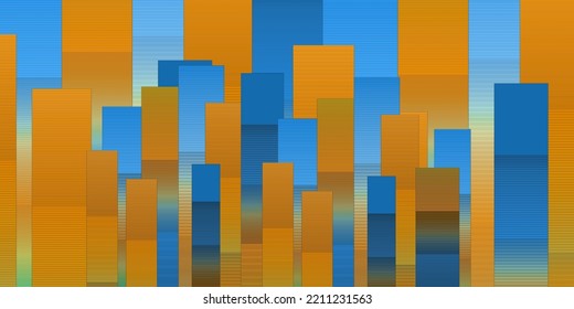 Vector de fondo azul dorado. Arquitectura panorámica urbana en el horizonte del centro. Paisaje de silueta de arte. Rascacielos de negocios de Nueva York. Se puede usar afiche, folleto, revista, tarjeta, libro, volante, banner.