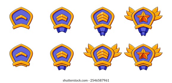 Golden blue cartoon rank patent level set. Patent, stars, wings, red ribbon. Progress game evolution.