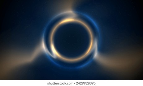 Golden blue circular light frame on dark background. Shining light ring. Glowing gold circle. Stage backdrop. Abstract background for displaying products, text, copy paste. Vector illustration