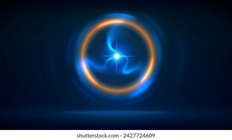 Golden blue circular lighting background, electric discharge, arc, ball lightning. Golden ring glow. Glowing gold circle. Stage backdrop. Illuminated stage. Background for displaying products. Vector