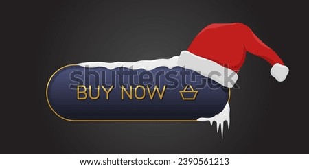 Golden and blue CTA button: Buy now with christmas cap, dark background. Perfect for holiday web design, winter app interfaces, Christmas sales banners, or festive digital projects.