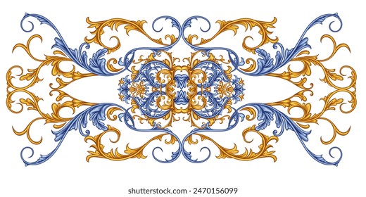 Golden and blue decorative panel in Baroque style, intricate vector design