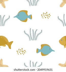 Golden and blue fish, algae and sand. Seamless pattern on a white background. Marine collection. Vector illustration for printing on paper, fabric, textile packaging