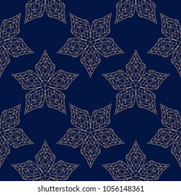 Golden blue floral ornament. Seamless pattern for textile and wallpapers