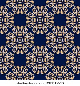 Golden blue floral ornament. Seamless pattern for textile and wallpapers