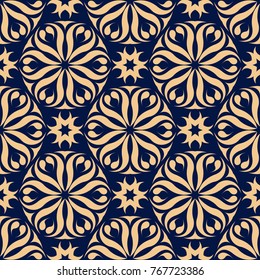 Golden blue floral ornament. Seamless pattern for textile and wallpapers