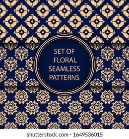Golden blue floral seamless backgrounds. Compilation of patterns. Vector illustration
