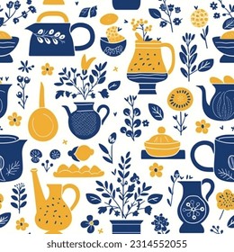Golden and Blue Geometric Abstract Scandinavian Design Seamless Pattern Kitchen Gadgets and Gardening Tool
