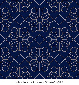 Golden blue geometric ornament. Seamless pattern for web, textile and wallpapers