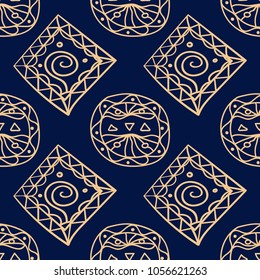 Golden blue geometric ornament. Seamless pattern for web, textile and wallpapers