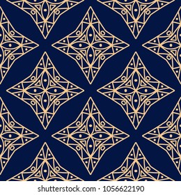 Golden blue geometric ornament. Seamless pattern for web, textile and wallpapers