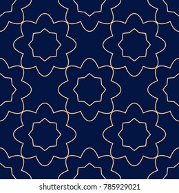 Golden blue geometric ornament. Seamless pattern
