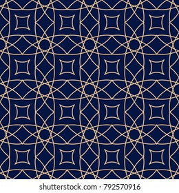 Golden blue geometric ornament. Seamless pattern for web, textile and wallpapers