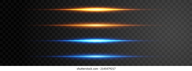 Golden and blue glowing lines, horizontal light rays. Vector neon light effects. UI design element. Magic glow, line light, golden light png. Laser beams. Glowing streaks on dark png background.