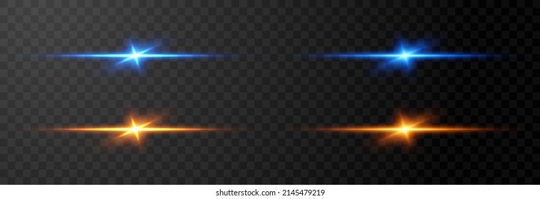 Golden and blue glowing lines, horizontal light rays. Vector neon light effects. UI design element. Magic glow, line light, golden light png. Laser beams. Glowing streaks on dark png background.