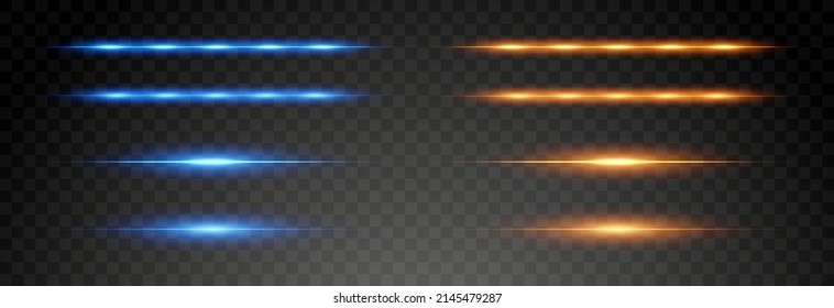 Golden und blau leuchtende Linien, horizontale Lichtstrahlen. Vektorneonlichteffekte. UI-Design-Element. Magisches Licht, Linienlicht, goldenes Licht. Laserstrahlen. Glühende Streifen auf dunklem Hintergrund.