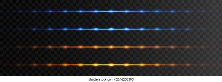 Golden And Blue Glowing Lines, Horizontal Light Rays. Vector Neon Light Effects. UI Design Element. Magic Glow, Line Light, Golden Light Png. Laser Beams. Glowing Streaks On Dark Png Background.