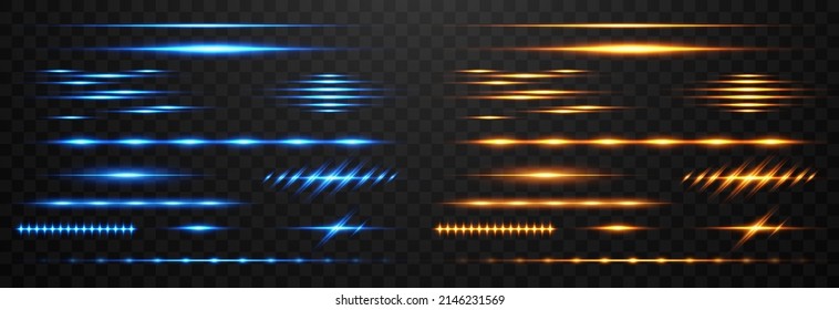 Golden And Blue Glowing Lines Set, Horizontal Light Rays. Vector Neon Light Effects. UI Design Element. Magic Glow, Line Light, Golden Light Png. Laser Beams. Glowing Streaks On Dark Png Background.